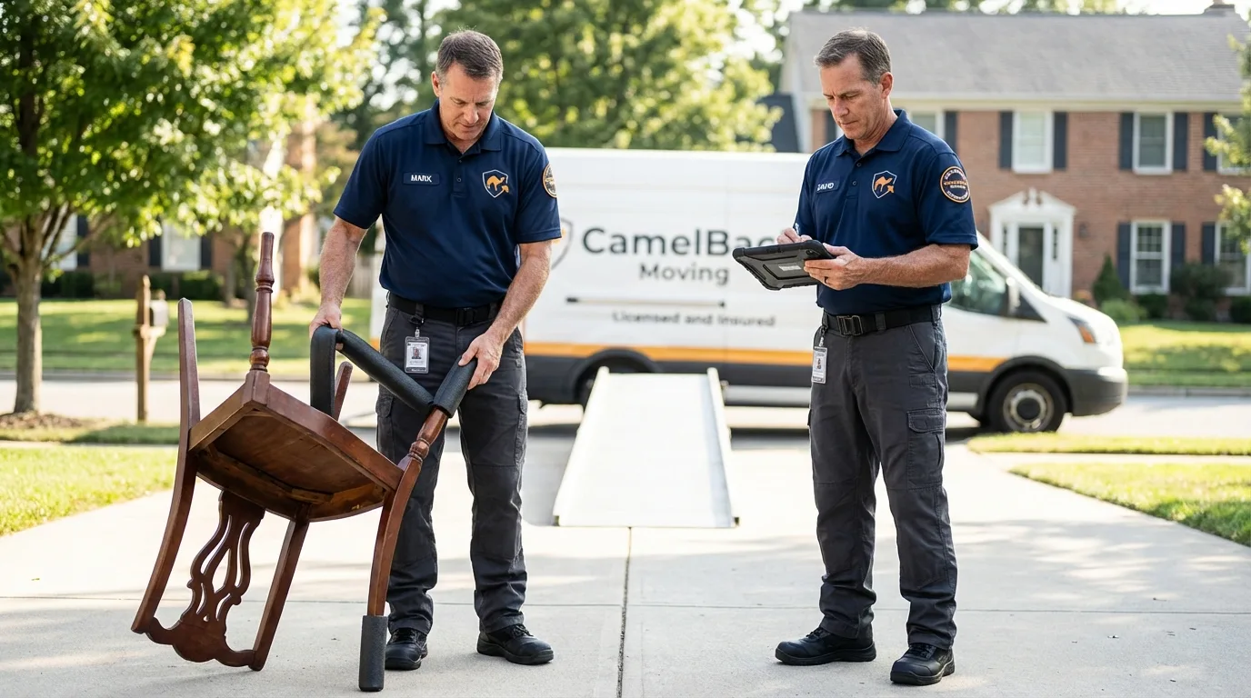 Movers inspecting furniture for damage prevention before loading in Flourtown, PA