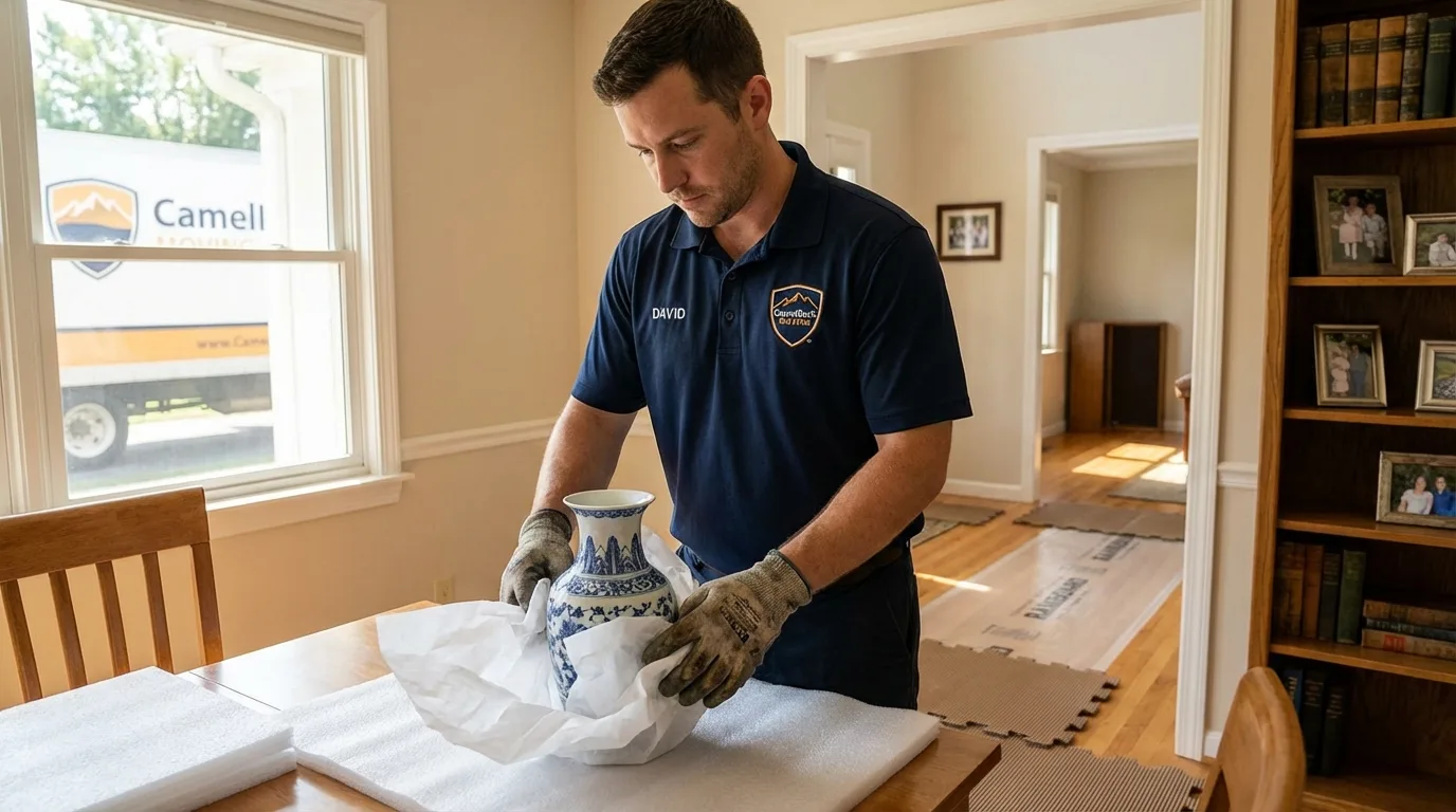 Professional crew carefully wrapping antique vase for senior downsizing move in Flourtown, PA